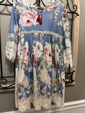 Girls Floral Lace-Trim Dress in Dusty Blue 7